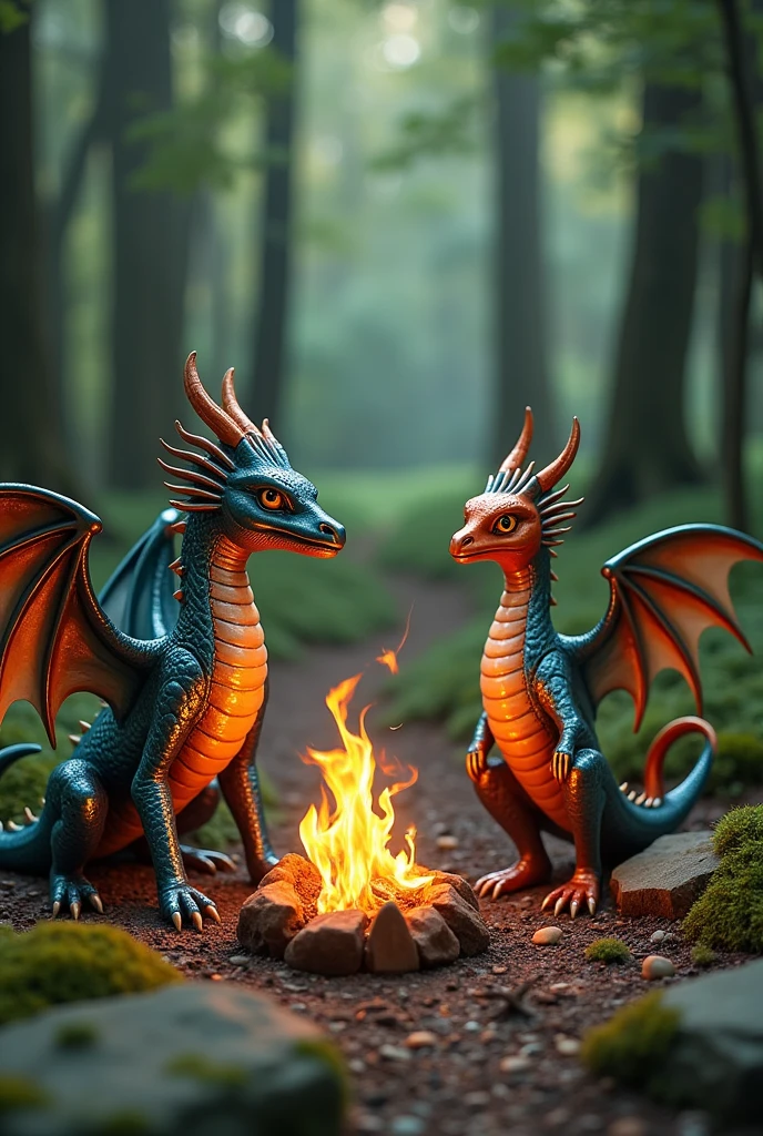 Scene from an enchanted forest where mythological creatures, like dragons and phoenixes, are modeled on ((ceramics: 1.1)) These beasts have surfaces ((enameled: 1.1)) reflecting the light of a nearby bonfire, giving life to its rigid forms.