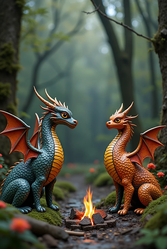 Scene from an enchanted forest where mythological creatures, like dragons and phoenixes, are modeled on ((ceramics: 1.1)) These beasts have surfaces ((enameled: 1.1)) reflecting the light of a nearby bonfire, giving life to its rigid forms.