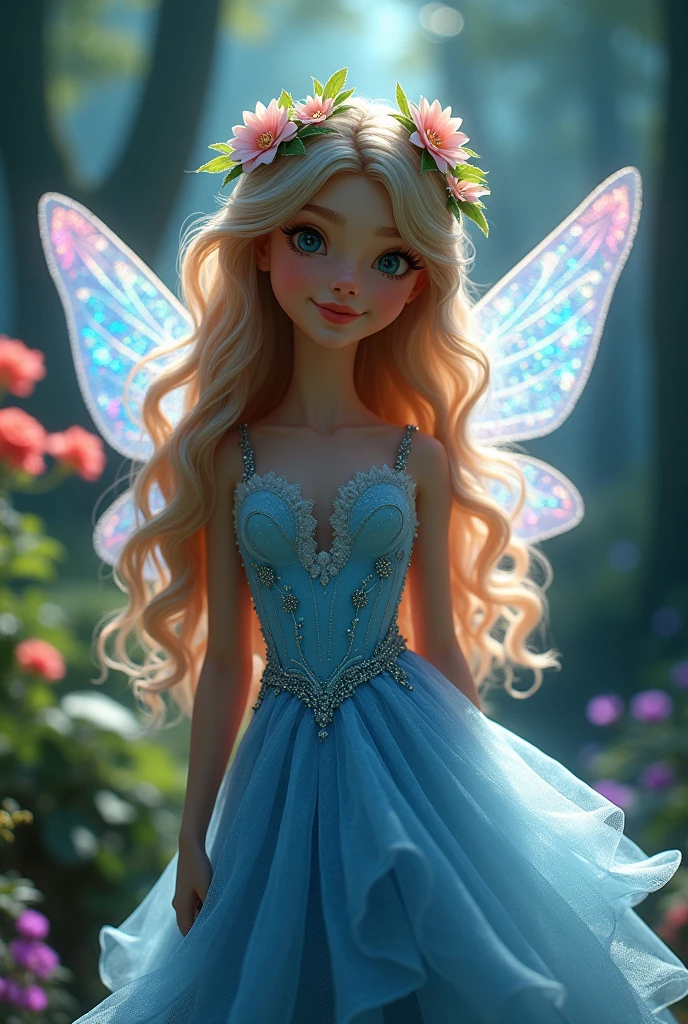 (Photorealism:1.2), Beautiful forest fairy girl,Full Body Focus , She has long shiny hair and skin, Curly hair and a flower crown on her head, She has a very detailed and super intricate face and a cute smile, Beautiful Blue, fluffy, soft, Flared dress.,The background is very clear and beautiful with forest flowers and trees.,The hair looks very beautiful in the light,(((Darken the background a little and shoot a hologram to create a mysterious masterpiece.))),The large wings and dress sparkle with holographic light.、