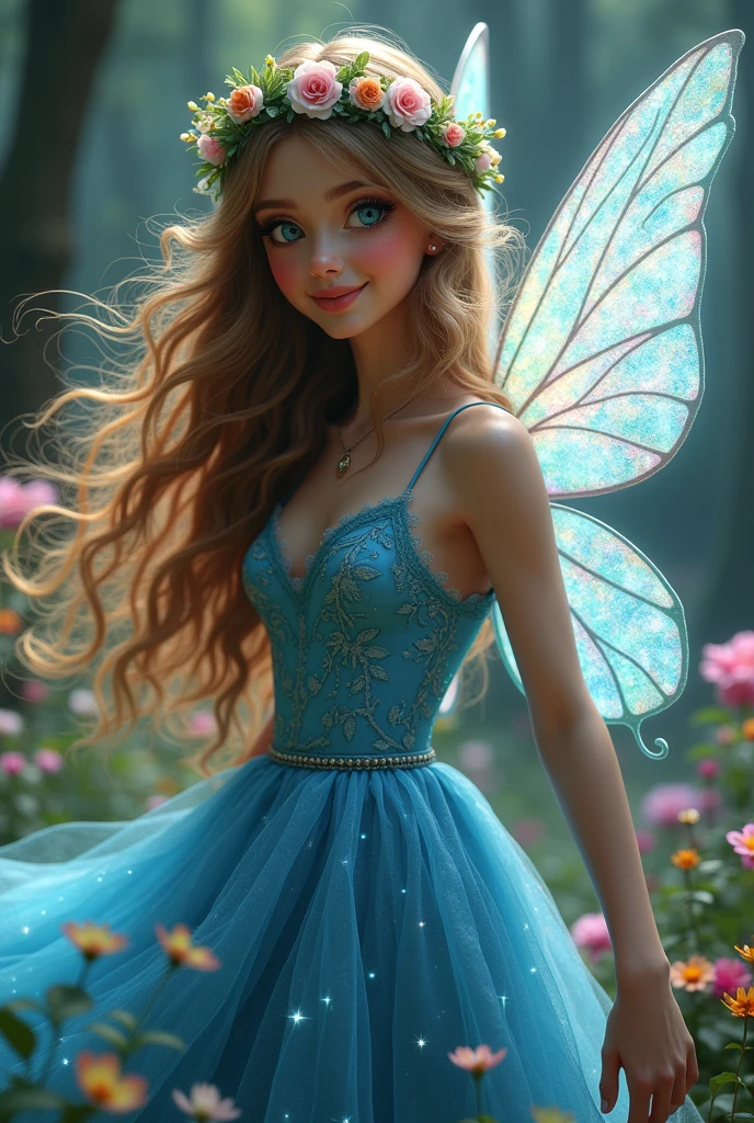 (Photorealism:1.2), Beautiful forest fairy girl,Full Body Focus , She has long shiny hair and skin, Curly hair and a flower crown on her head, She has a very detailed and super intricate face and a cute smile, Beautiful Blue, fluffy, soft, Flared dress.,The background is very clear and beautiful with forest flowers and trees.,The hair looks very beautiful in the light,(((Darken the background a little and shoot a hologram to create a mysterious masterpiece.))),The large wings and dress sparkle with holographic light.、