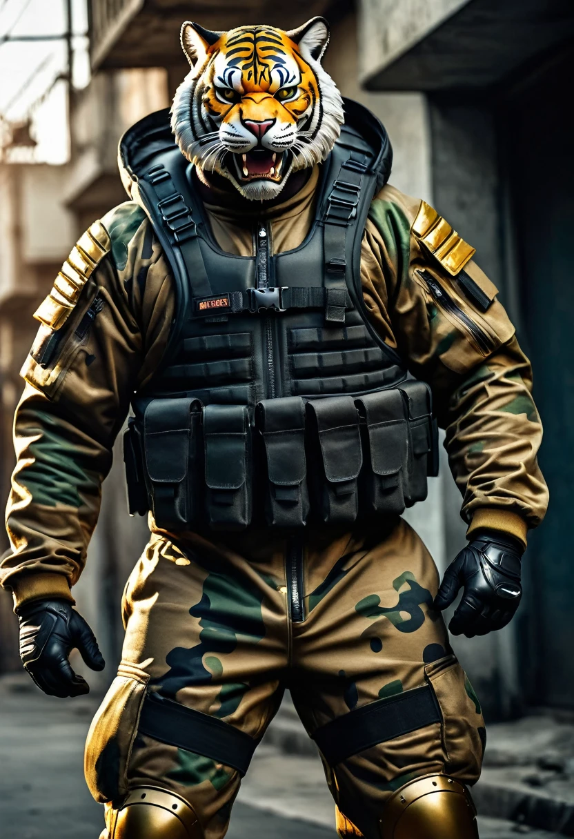 (a dark-skinned fat muscular old man in a bulky army camouflage zipper diver suit), carrying an AK-47, (wearing a small-sized realistic roaring tiger mask), dynamic action pose, fierce expression, roaring, showcasing an imposing stature, surrounded by military elements, dramatic shadows and intense highlights, cinematic color tones, high detail, powerful, art influenced by Bruce Onobrakpeya and Stanley Artgerm, ultra-detailed, best quality image, action-packed atmosphere, fighting stance.