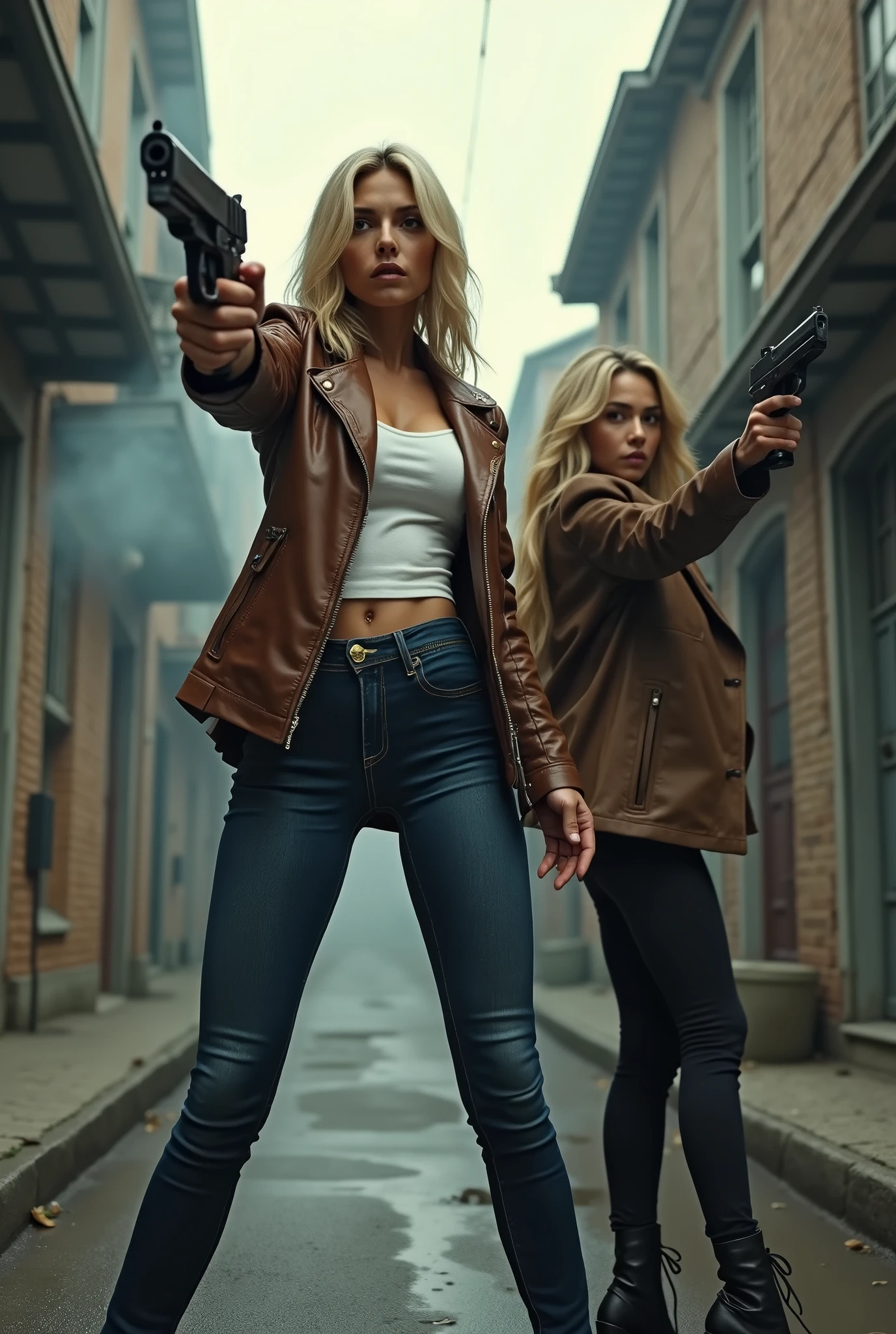 ( Photorealistic、Full live-action version、masterpiece、(Composition looking up from the ground、Express everything in minute detail))、2 female detective、Blonde Long Hair、Long legged police woman、((Standing with legs apart, Ultra low angle, Perfect perspective、Looking up at a beautiful girl)), Brown leather jacket and tight white shirt、Police Badge、Tight faded distressed denim、Black Leather Boots、Sexy leg lines、((Towering Beautiful Girl, Beautiful girl looking down))、Beautiful female detective、Desolate backstreets、(Holding a pistol with both hands、Active pose、They're pointing their guns at me.、Aiming for us)、((fire、Gunfight、Smoke coming out of the gun barrel))