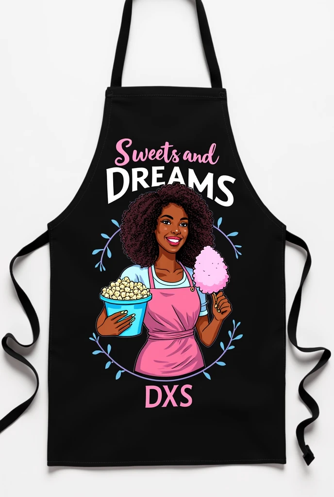 A black apron with the words Sweets and dreams written on the top,right in the middle a drawing of a black woman with curly hair smiling, holding a blue bag of popcorn in one hand and a pink cotton candy in the other hand and below the image the writing DXS.