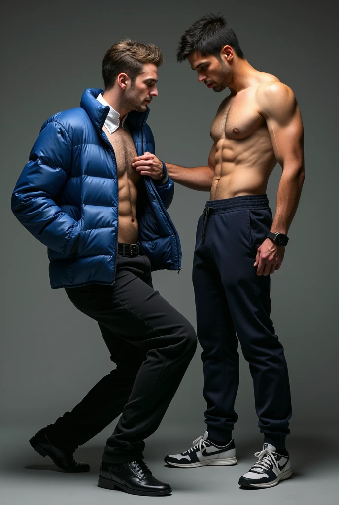 ATTENTION: (((*TWO MALES HANDSOME MAN TOGETHER*))) IN HIGH REALISTIC RAW IMAGE. Man A 4, exceptionally handsome man with light-colored eyes and short, thinning hair. He is (((dressed a pants, formal shoes, and an open, *extremely shiny blue nylon puffer jacket* that reveals his hairy chest and slightly prominent belly))). He is (((positioned on all fours))), with his head slightly raised as his necktie is being pulled by the domineering handsome man B. His is (((expressing deep humiliation and forced submission by the bad Man B, 3))), man with short hair, light skin, and a robust natural and hairy chest with a slightly prominent belly. He is (((wearing sports pants and sneakers, with no shirt, exposing his upper body))). Standing next to humiliating Man A, he grips the colar animal with a smug, dominant expression, (((pulling it to lift Man A’s head toward the camera))).
 ATTENTION: extremely ultra mega high ACCURATE IMAGE. High resolution, Best quality, High details, HD model, Anatomically correct, Accurate. ATTENTION: (((*TWO MALES HANDSOME MAN TOGETHER*))). 