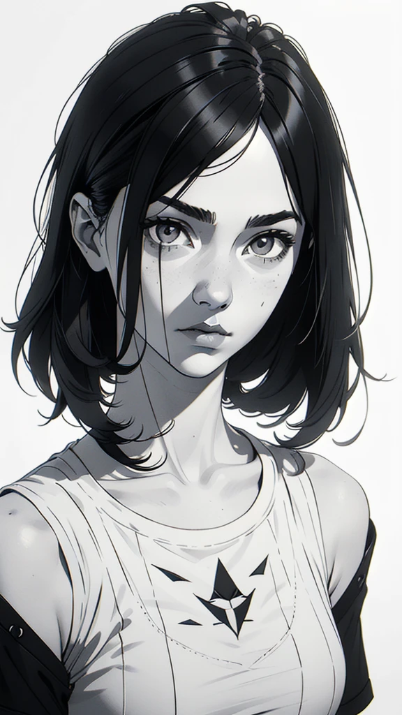 1 boyish girl, solo, sharp eyes, monochrome, greyscale, shoulder length black hair, portrait, blank white T-shirt, Thin eyebrows, closed mouth, looking at viewer, graphite \(medium\), detailed lips, hatching \(texture\), without makeup, bangs, upper body, (best illustration), (best quality), (very detailed), (masterpiece), expressionless,