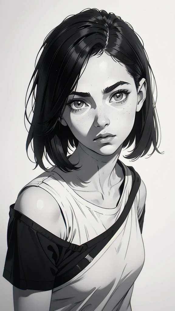 1 boyish girl, solo, sharp eyes, monochrome, greyscale, shoulder length black hair, portrait, blank white T-shirt, Thin eyebrows, closed mouth, looking at viewer, graphite \(medium\), detailed lips, hatching \(texture\), without makeup, bangs, upper body, (best illustration), (best quality), (very detailed), (masterpiece), expressionless,