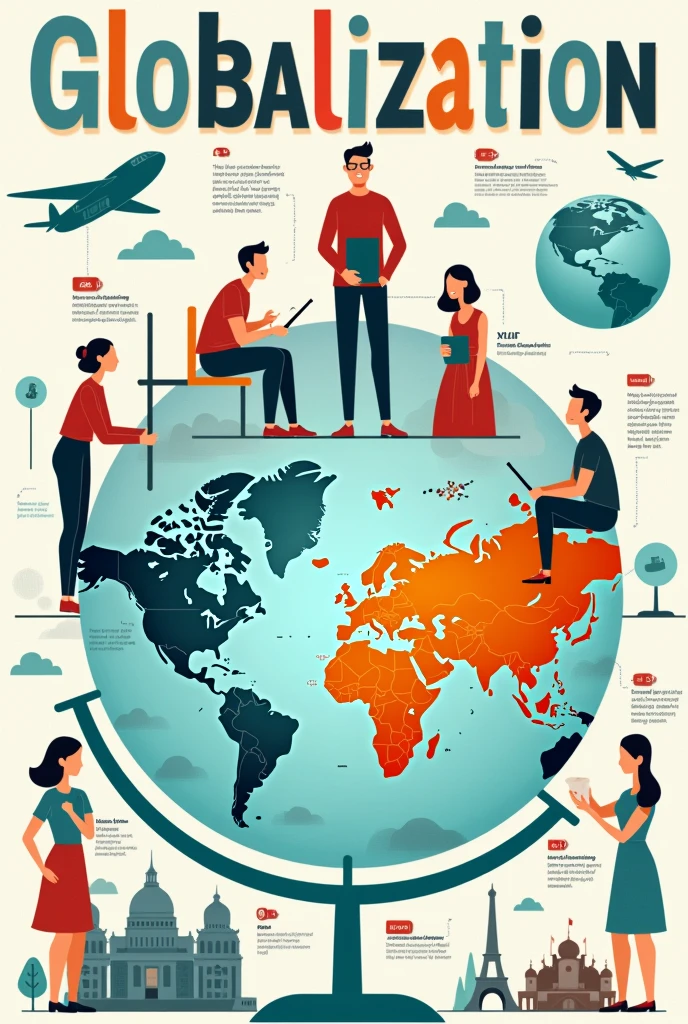 Can you create an infographic of globalization with concise and straight to the point information and with a creative and attractive 