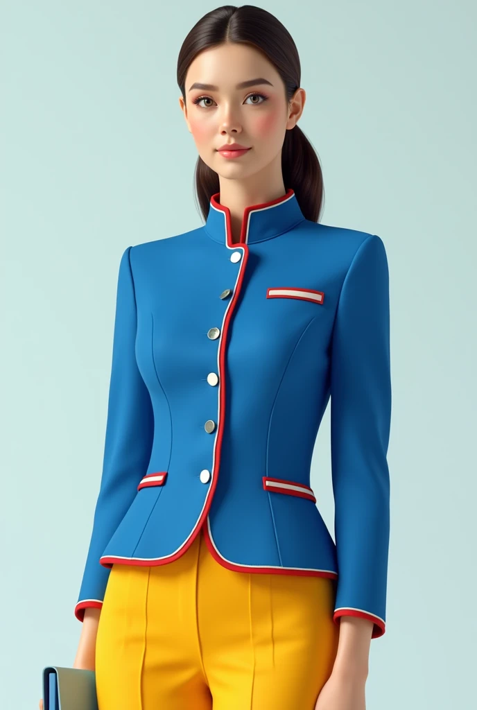 Stewardess uniform with blue , yellow, red, white colour