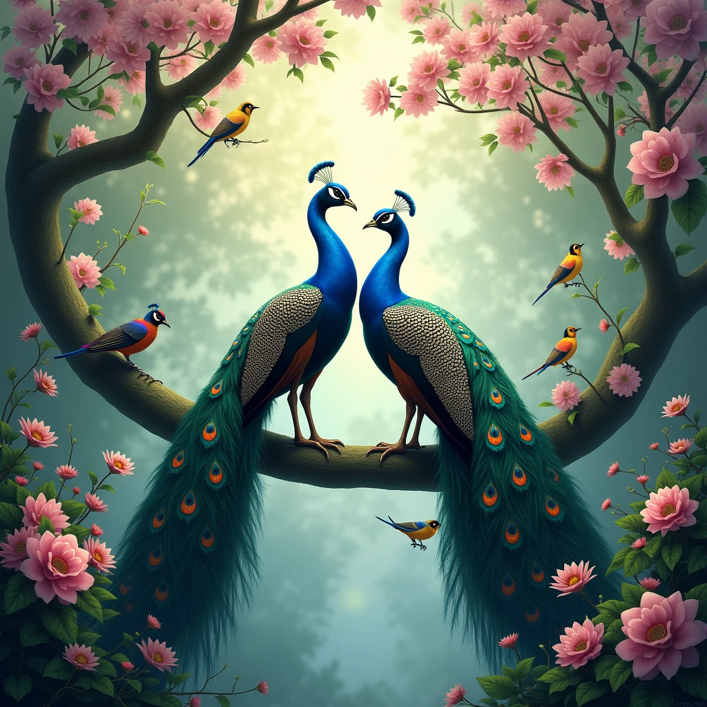two peacocks sitting on a branch with flowers and birds, beautiful art uhd 4 k, beautiful nature, colorful hd picure, detailed painting 4 k, detailed beautiful animals, mystical birds, painting of beautiful, beautiful gorgeous digital art, beautiful digital art, beautiful digital artwork, 8k high quality detailed art, 4 k highly detailed art, 4k highly detailed digital art