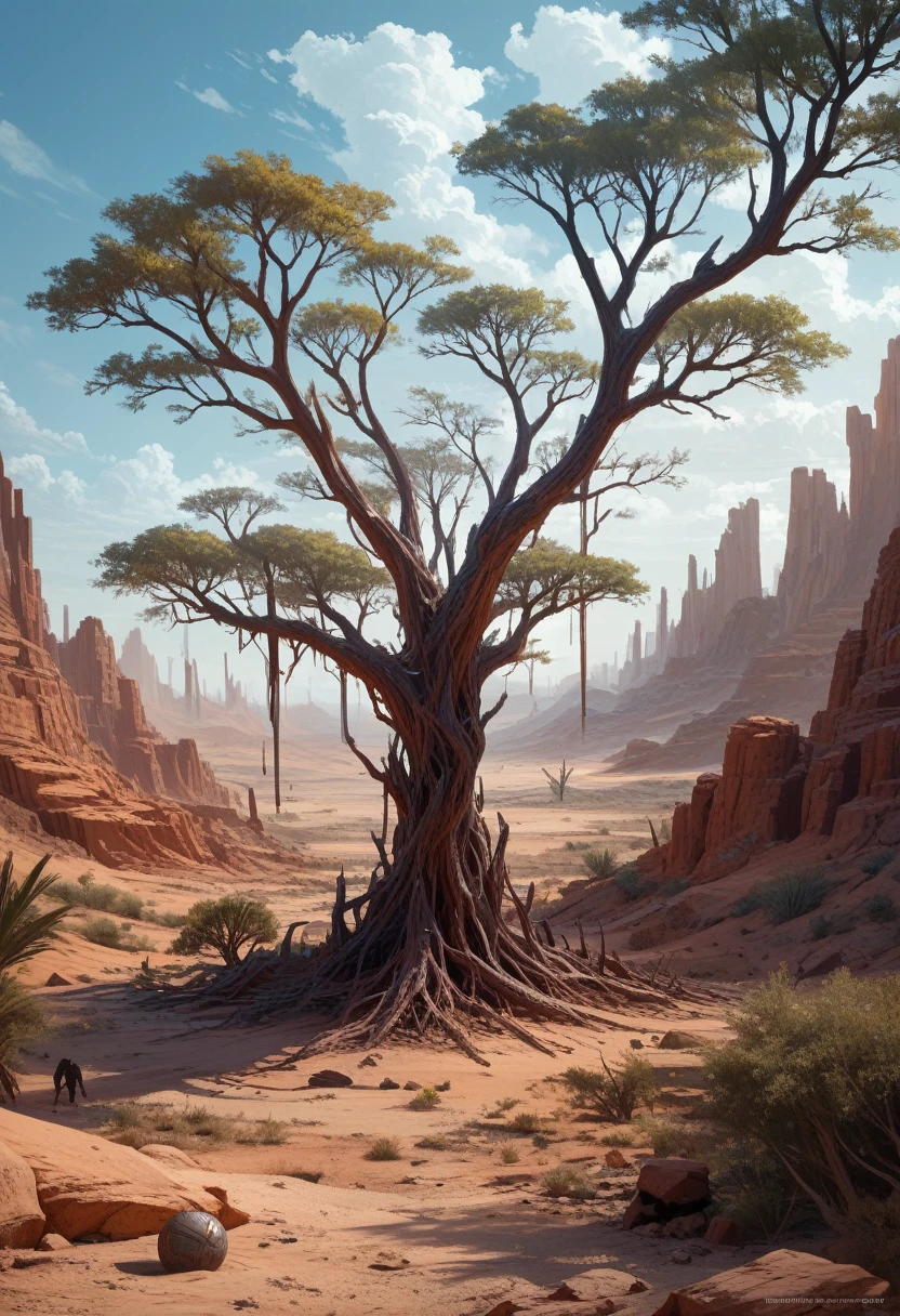 Arriveted image of tree inside glass ball in desert landscape, tree of life inside the ball, surreal digital artwork, surrealism 8k, Surreal digital art, surreal art, surreal 3D rendering, 3D rendering of digital art, Mark Adams, surreal concept art, 3D rendering of a biple, stylized digital art, 4k surrealism