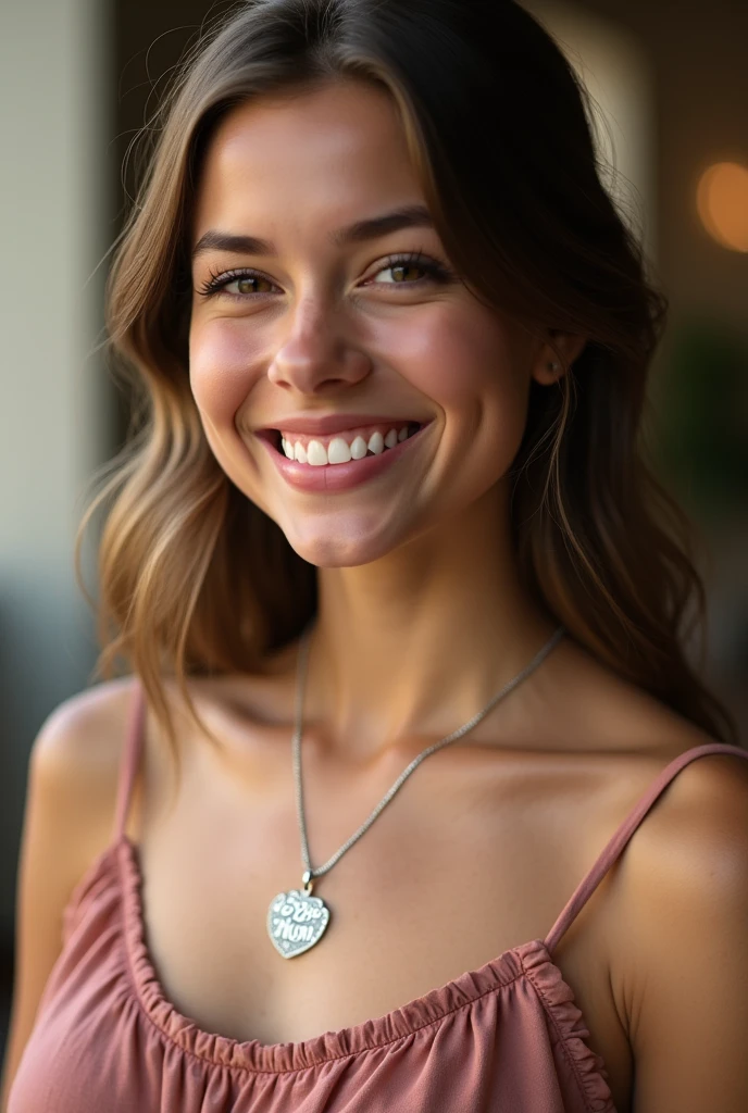 Graduated age girl wearing necklace which is love you Mom
