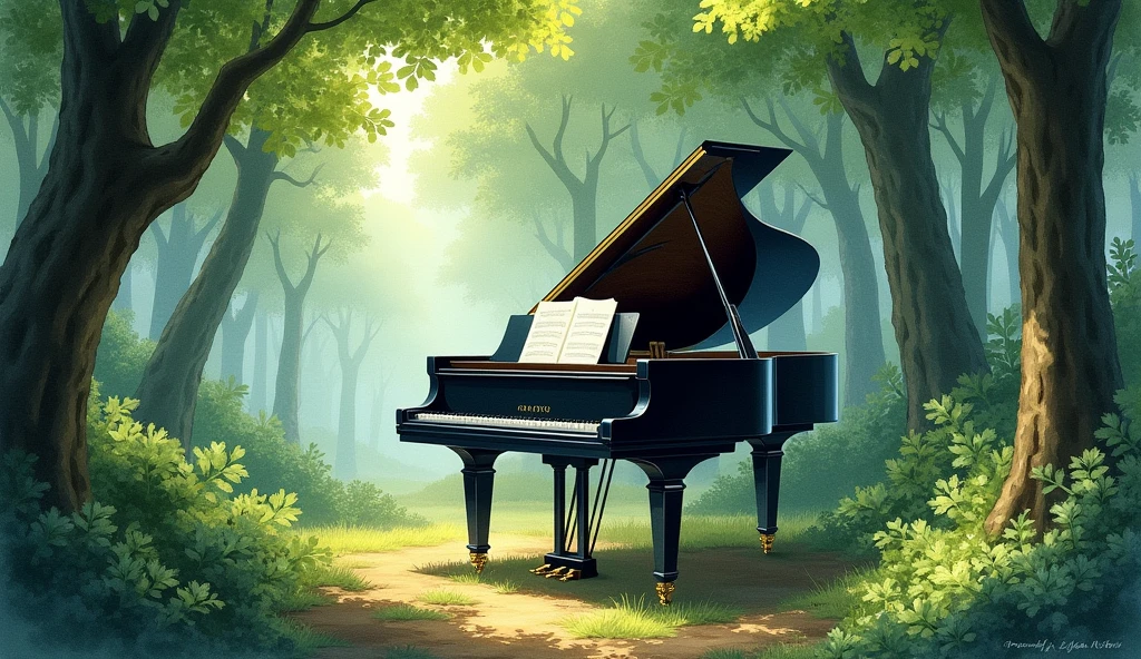 「A grand piano in the woods」is。The piano lid is open、There is music on the music stand。The surrounding area is densely packed with trees.々Surrounded by、The sun is shining through the trees.。This setting is、Combining the beauty of nature with the artistry of classical music、It creates a quiet and magical atmosphere.。Realistic watercolor style