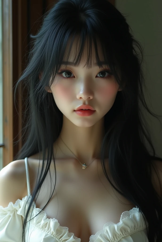 A girl around ，Pale skin，Very long hair, Black straight hair. big、Black eyes , With a strong and mysterious expression. Dressed in orphan clothing style, More elegant and refined, Something that matches her mysterious and strong personality. comprehensive, Her presence will attract attention, Attract curious and inquisitive eyes. movie lighting, Chromatic Aberration, Backlight, masterpiece, High Detail, high quality, 4k.(breasts),Off-shoulder，sleeveless，No underwear，Sexy pose，blush，Perfect makeup，Hyperrealism，Kodak Photography，White maid outfit
