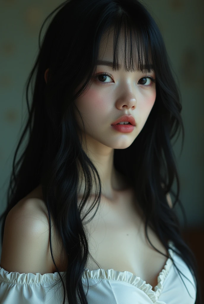A girl around ,Pale skin,Very long hair, Black straight hair. big、Black eyes , With a strong and mysterious expression. Dressed in orphan clothing style, More elegant and refined, Something that matches her mysterious and strong personality. comprehensive, Her presence will attract attention, Attract curious and inquisitive eyes. movie lighting, Chromatic Aberration, Backlight, masterpiece, High Detail, high quality, 4k.(breasts),Off-shoulder,sleeveless,No underwear,Sexy pose,blush,Perfect makeup,Hyperrealism,Kodak Photography,White maid outfit