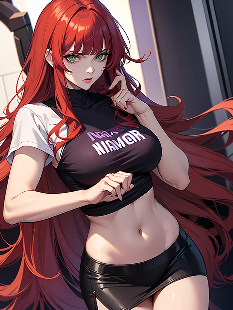 green eyes, red hair with long bangs, noble. sadistic women, wavy long hair. strong woman. she quiet. wear purple and black t shirt. dominant woman. mafia. mature woman. girl boss. badass woman. gangster. hair so long have bangs. gangster
