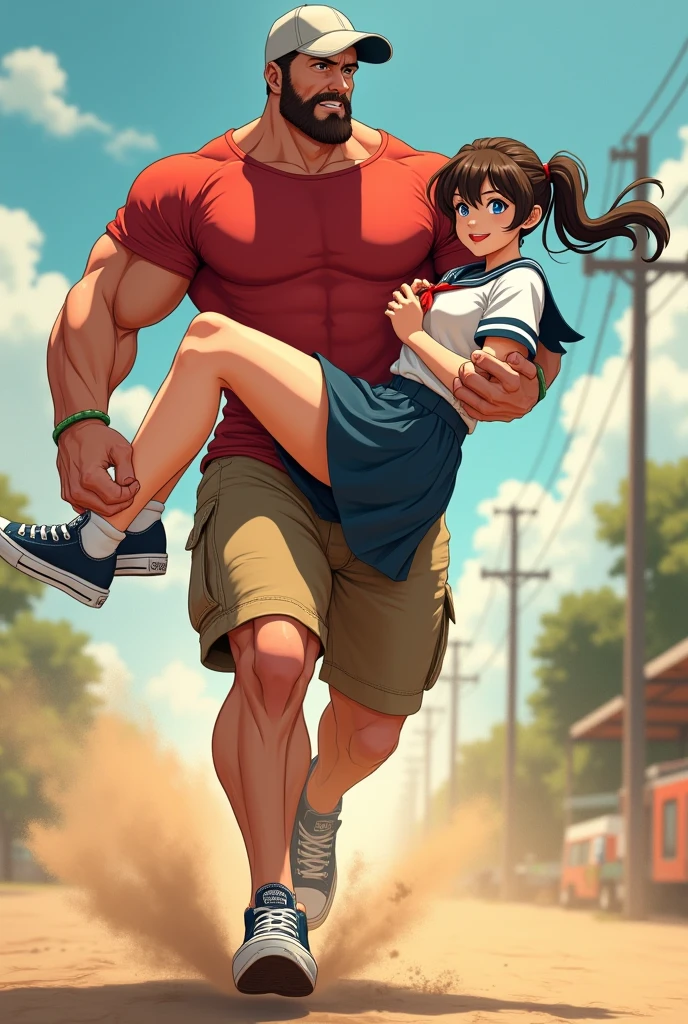 Muscular man wearing a shirt with long shorts Long loose shorts With pockets on the sides with converse sneakers red T-shirt and brown shorts Long short, Normal musculature With beard and baseball cap Realistic musculature. Carrying in his arms Short petite adult woman with long pigtails and school uniform Sailor uniform with short skirt While running very fast kicking up dust anime style 2D