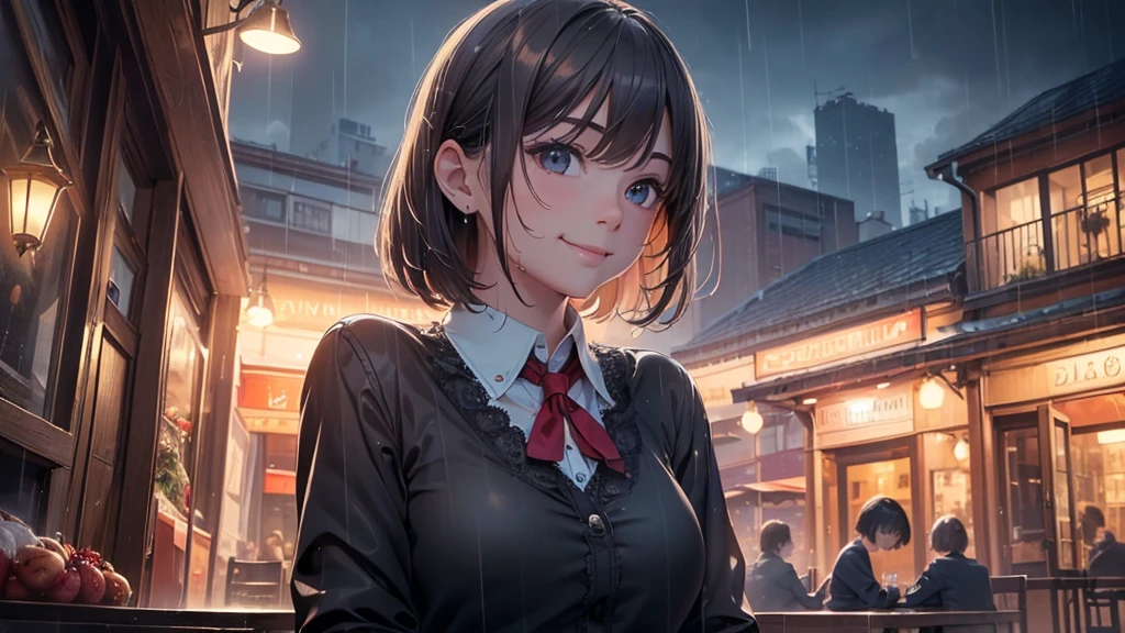 (8k, Highest quality, masterpiece: 1.2), (Realistic, Realistic: 1.37), Very detailed, 1 girl, cute, alone, Beautifully detailed skies, Detailed Cafe, night, Sitting, date, ( Red nose), (smile: 1.15), (Close your mouth) Small breasts, Beautiful details, (Collared shirt: 1.1), night, Wet, Business Wear, rain, White lace, (short hair: 1.2), Floating Hair NovaFrogStyle,