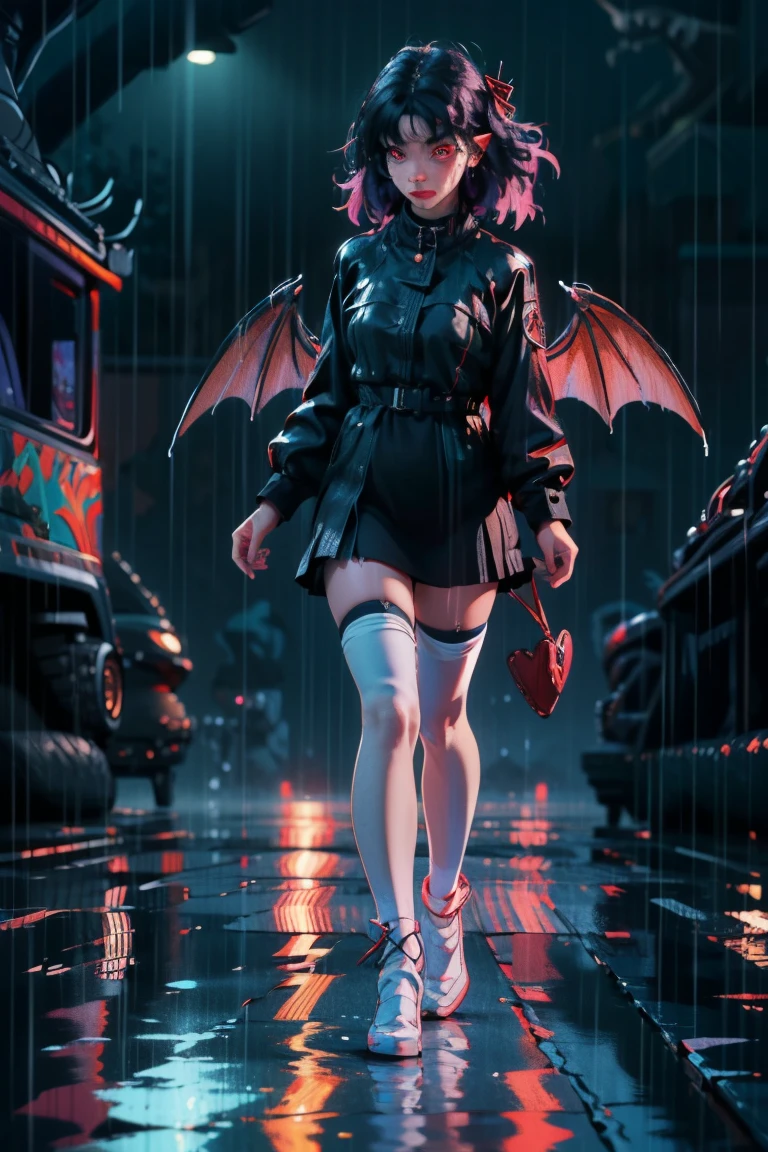 uhd, textured skin, good quality, High details, ​masterpiece, best quality, high detail face, (Amazingly absurd:1.2), (​masterpiece:1.2), fluffy, 1 Dragongirl, standing, Dragon ears, Dragon wings, dragon tail, Dress with ruffles, glowing eyes, shining hair , Whole body love, very long hair, hair ribbon, black kneesocks, full body, Kawaiitech, soft colours, Kawaii, Beautiful colors, (Rain:1.5), (Wet:1), (Night:2), (land:2),