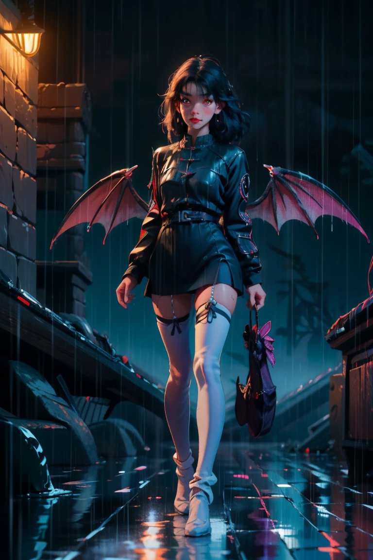 uhd, textured skin, good quality, High details, masterpiece, best quality, high detail face, (Amazingly absurd:1.2), (masterpiece:1.2), fluffy, 1 Dragongirl, standing, Dragon ears, Dragon wings, dragon tail, Dress with ruffles, glowing eyes, shining hair , Whole body love, very long hair, hair ribbon, black kneesocks, full body, Kawaiitech, soft colours, Kawaii, Beautiful colors, (Rain:1.5), (Wet:1), (Night:2), (land:2),