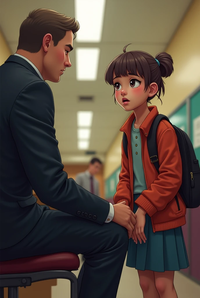 Natalia goes to class late,The teacher doesn't let her in and she goes to the hallway to wait for recess. The principal calls her to his room. The school principal is in front of her. She apologizes to the school principal. She sits on the school principal's lap.