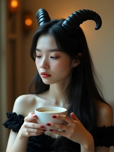 A beautiful demon girl enjoying a morning coffee, detailed facial features, porcelain skin, long flowing hair, intricate horns, elegant black dress, serene expression, steam rising from the cup, warm lighting, photorealistic, highly detailed, cinematic composition, dramatic chiaroscuro lighting, muted color palette