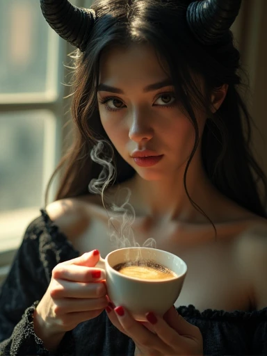 A beautiful demon girl enjoying a morning coffee, detailed facial features, porcelain skin, long flowing hair, intricate horns, elegant black dress, serene expression, steam rising from the cup, warm lighting, photorealistic, highly detailed, cinematic composition, dramatic chiaroscuro lighting, muted color palette
