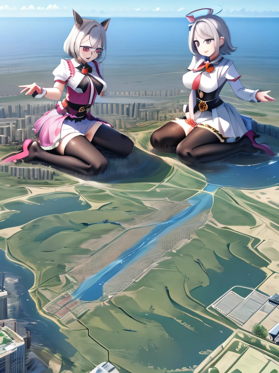 multiple girls, 3girls, standing, giantess art, highly detailed giantess shots, giantess, most detailed, perfect face, Two legs, Five fingers, short hair, A beautiful girl who is bigger than a skyscraper, Wearing rimless glasses, smile, huge breasts, magical girl dress, bow, magical girl, holding a magical wand, black pantyhose, stiletto heels, thunderbolt from a magical wand, seaside metropolis, numerous miniature warships on the sea, Destroying cities, Under heavy attack, A very small big city, Miniature metropolis, Full body description, GTS, giga giantess, gigagts, stomping city, crash city, tiny city, micro city, pantyhose feet, High resolution, highest quality, masterpiece, 