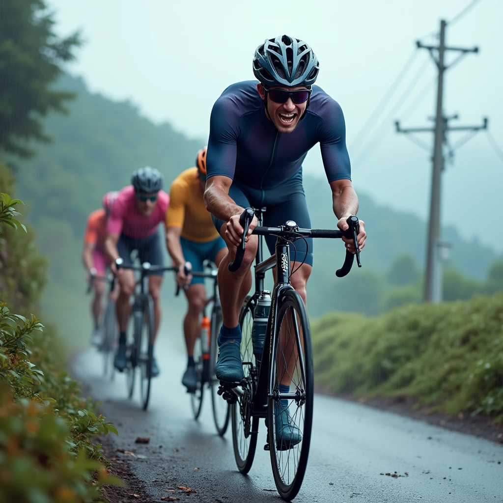 3 steep uphill climbs～Four road bike riders were riding。Because it&#39;s too steep、Everyone was standing and pedaling with their teeth clenched.。Sweating。
Are you all on the same team?、He is wearing the same blue-purple cycling jersey design.。The helmets and sunglasses are all different colors.。Two black road bikes、One red one、There is one white one。I use a slightly larger bottle on the down tube.。
Draw the person at the front large.、Draw people following behind smaller.。
The scenery is typical of Japan, in the humid mountains.、Did it rain just before?、The ground is wet。It&#39;s cloudy now and it doesn&#39;t look like it&#39;s raining。
