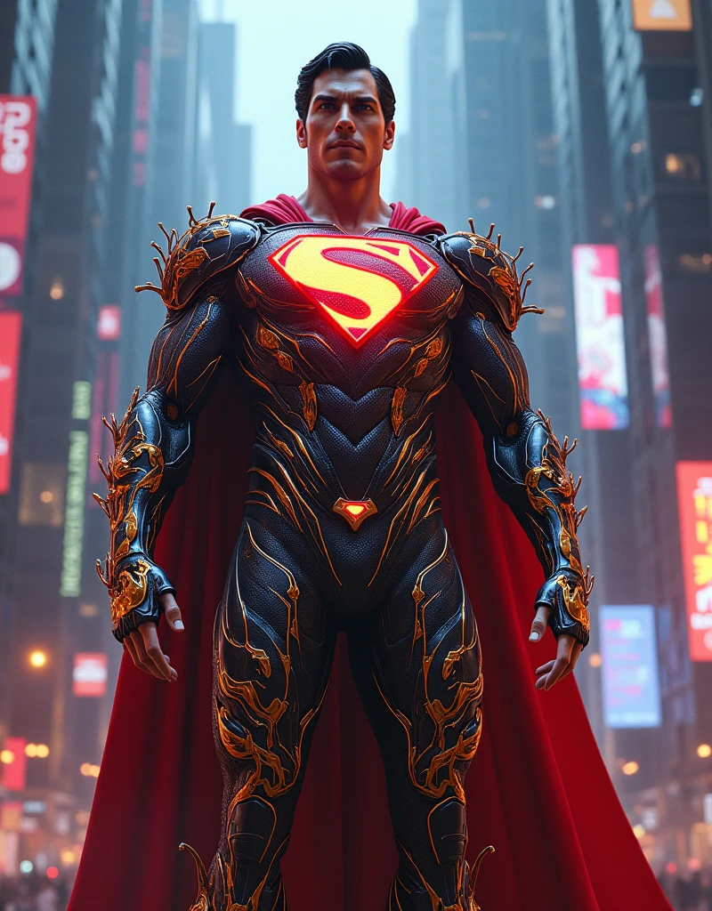 Superman with iron man futuristic vine and gold marble glossy costume in the cyberpunk neon city