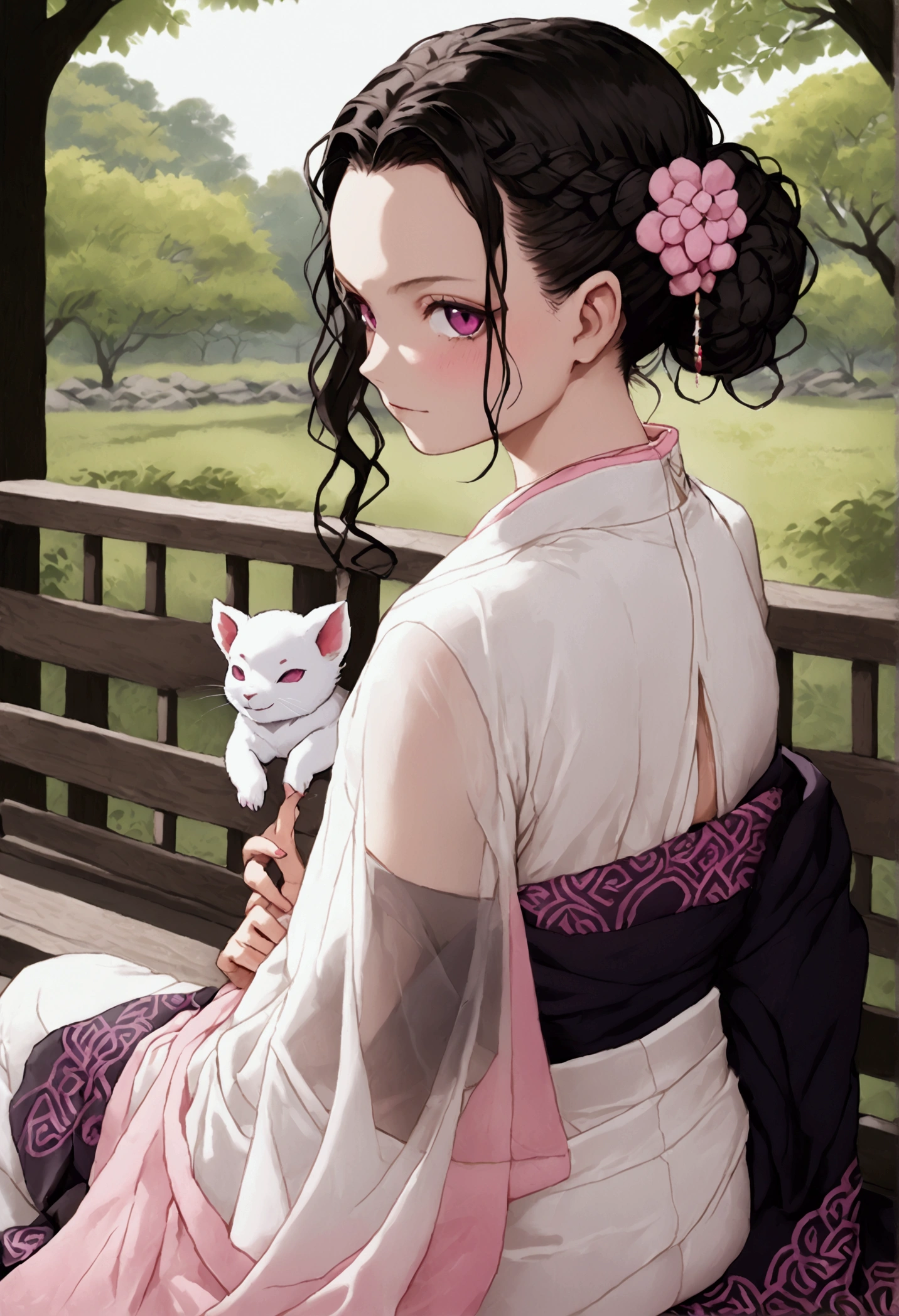 ((((shinobu kocho from demon slayer)))),((((wearing a white see through saree with fading pink at the end and her black haori pattern on her saree)))),her hairstyle is very short raven-black wavy hair that fades into dark purple at the ends, styled at the back of her head into a flat yakai-maki bun, deep purple eyes with no visible pupils , sitting on a bench in park, human body structure, no ornaments, photo session, innocent looking, holding giyuu plushies 