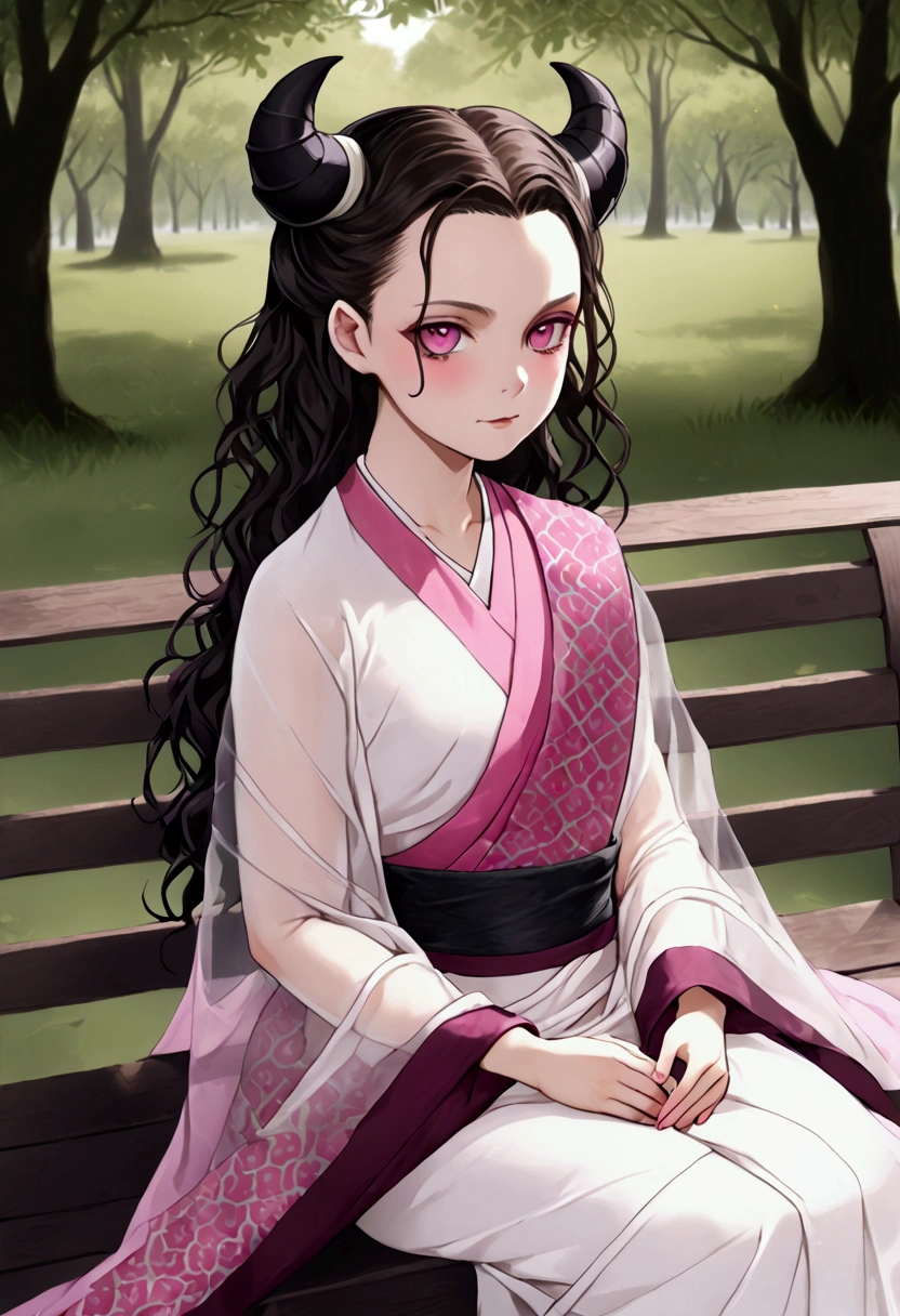 ((((shinobu kocho from demon slayer)))),((((wearing a white see through saree with fading pink at the end and her black haori pattern on her saree)))),her hairstyle is very short raven-black wavy hair that fades into dark purple at the ends, styled at the back of her head into a flat yakai-maki bun, deep purple eyes with no visible pupils , sitting on a bench in park, human body structure, no ornaments, photo session, innocent looking, holding giyuu plushies
