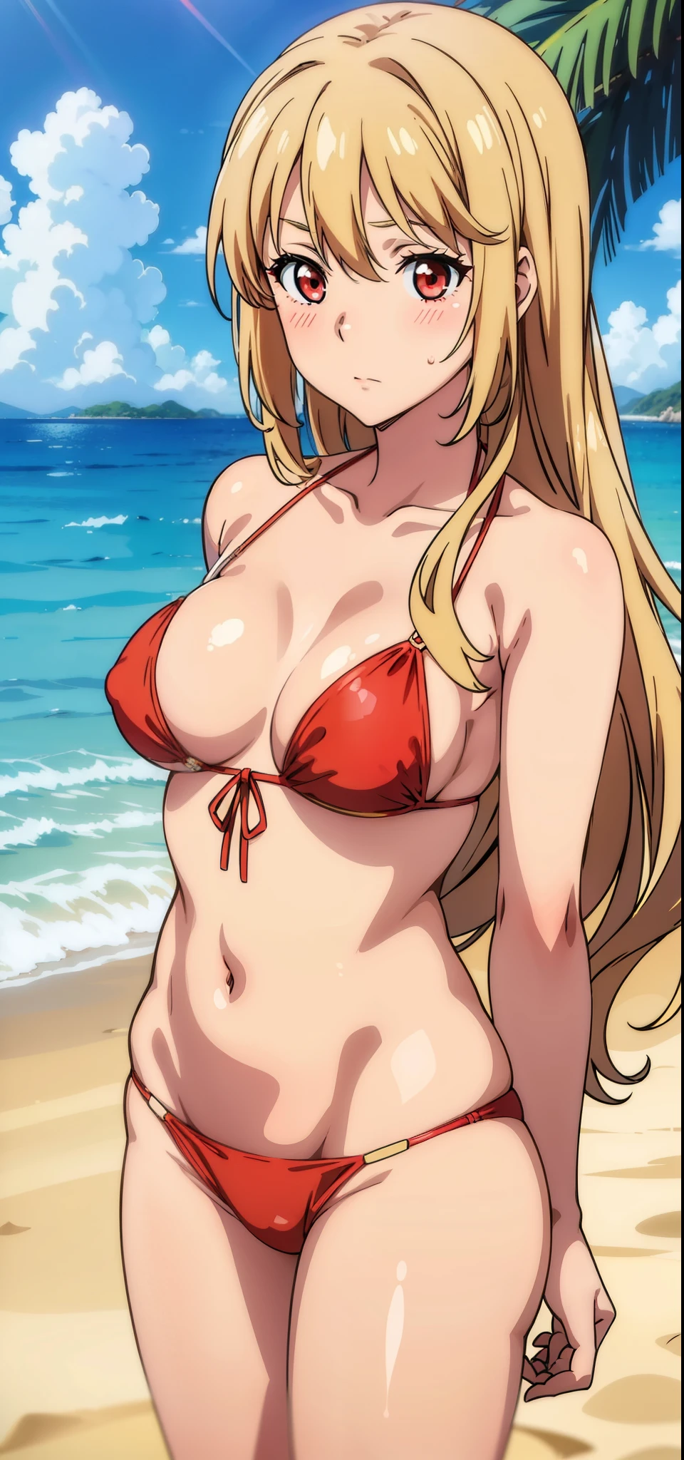 1 girl,Asagi,masterpiece, red eyes, healthy skin, blushed, 20-year-old, navel, golden hair, long hair, bikini,  beach 