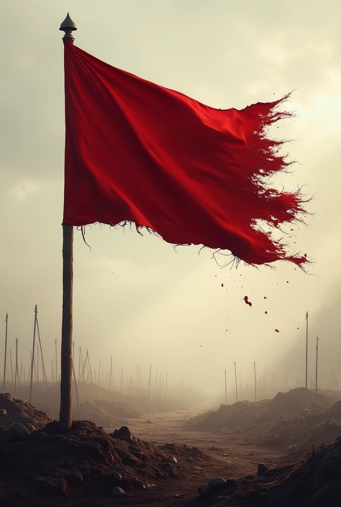 a plain red war flag on a wooden pole in the middle of a battlefield during the Renaissance. The flag is somewhat damaged and torn from being hit by a weapon, but the flag still stands firmly and has a black background.