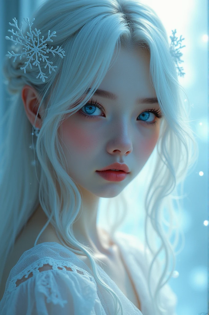 A  girl with white hair and icy blue eyes