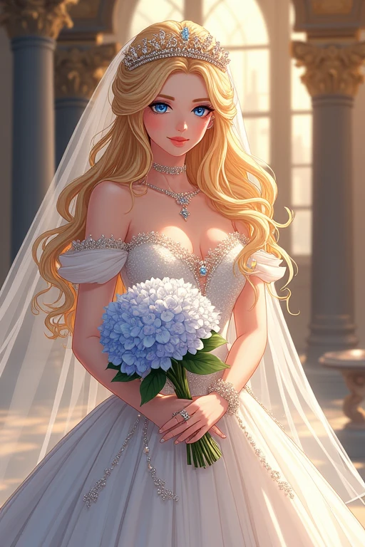I would like to get an image of Princess Venus in anime style: an incredibly beautiful young blonde femme fatale with long golden hair gathered in a beautiful hairstyle, blue eyes, a tiara, jewelry, a long veil, in a luxurious princess wedding dress, she has a beautiful bouquet of hydrangeas. A beautiful drawing, a masterpiece.