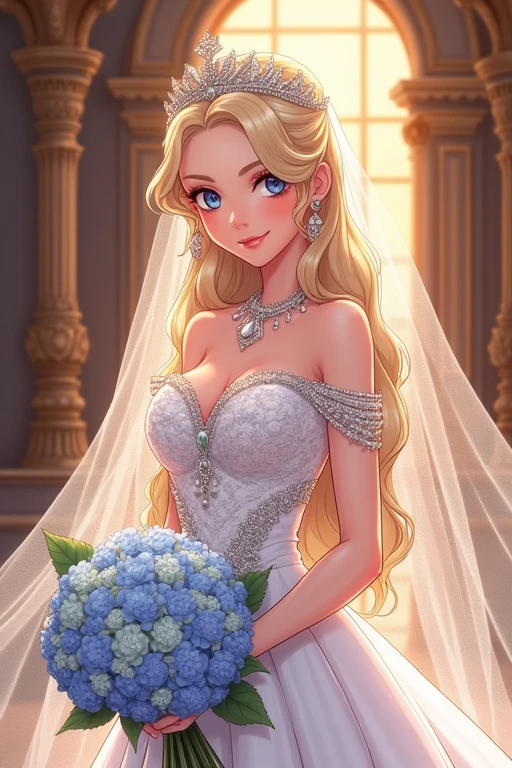 I would like to get an image of Princess Venus in anime style: an incredibly beautiful young blonde femme fatale with long golden hair gathered in a beautiful hairstyle, blue eyes, a tiara, jewelry, a long veil, in a luxurious princess wedding dress, she has a beautiful bouquet of hydrangeas. A beautiful drawing, a masterpiece.