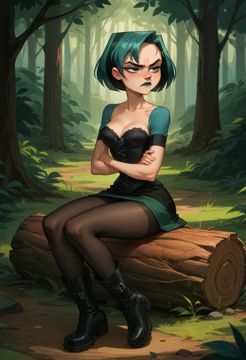 Gwen de  "Total Drama Action", green hair with black, annoyed, flushed, Arms crossed, neckline, black pantyhose, black boots, sitting on a log, In a forest. if I oblige you, corset negro. sexy black bra. 