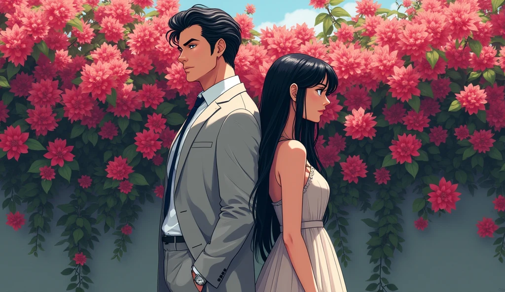 Cool and gentleman cartoon anime guy with his hands in his pockets. He is wearing light gray suit. He has a big chest and strong arms. A gorgeous girl with black hair. They are standing back to back. Behind them is a wall of bougainvillea.