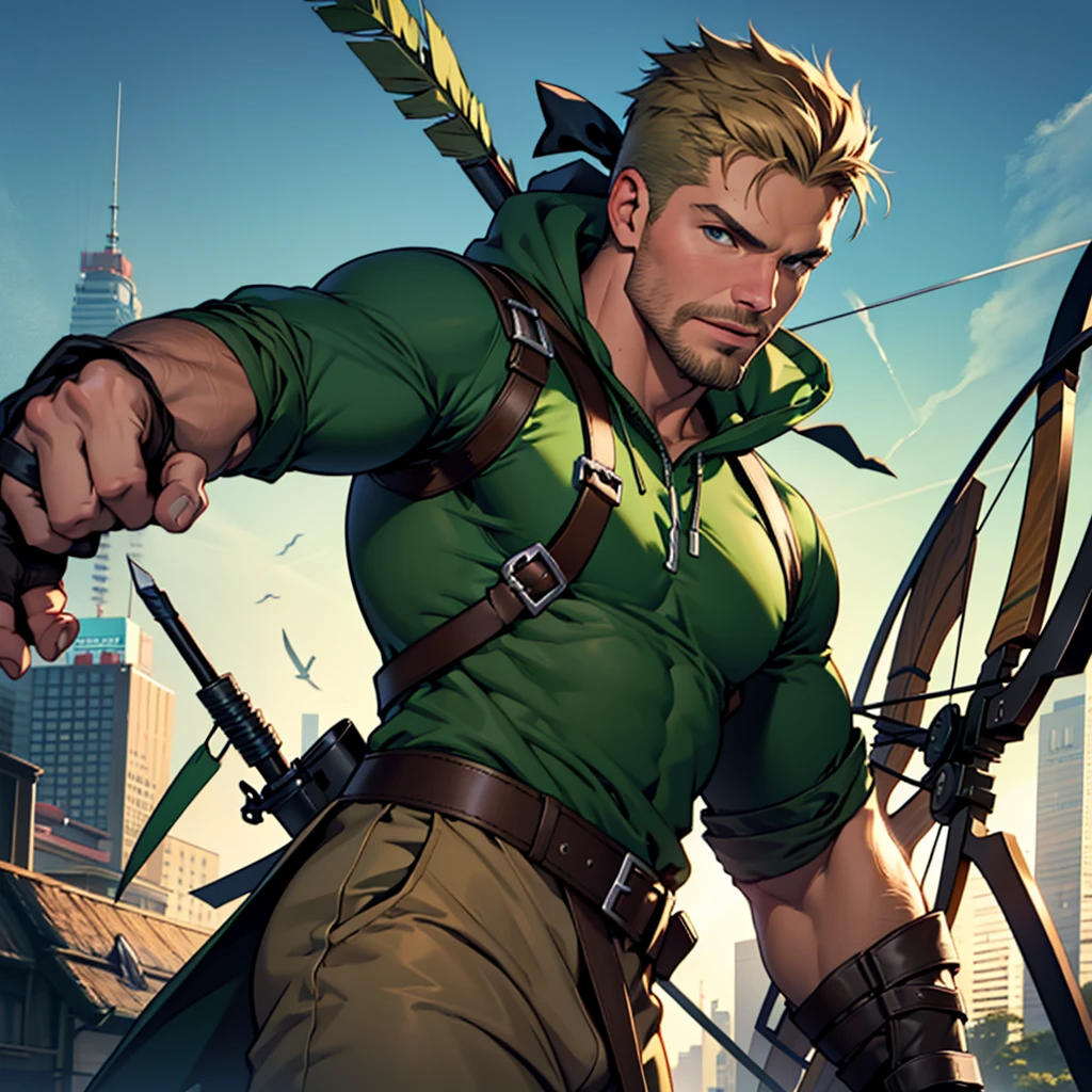 NSFW, 32k, high quality , detailed face , detailed fingers ,detailed muscles stephen amell as green arrow , wearing blackish green outfit , showing a dark blond short hair , a thick facial hair like daddies, a bulge ,hunk and handsome, shooting his arrows with a bow toward the ennemies , in action , with the quiver on his back full of arrows background sky and city at night