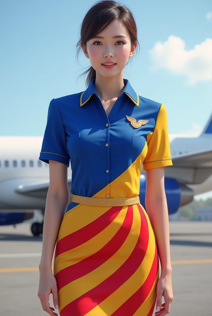 Stewardess uniform with blue , yellow, red, white colour merdeka
