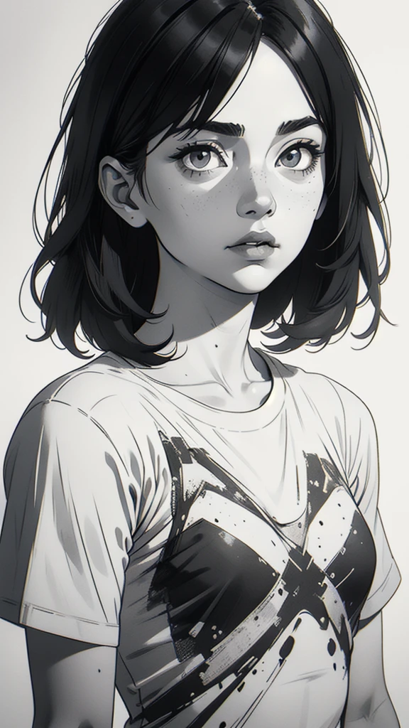 1 boyish girl, solo, sharp eyes, monochrome, greyscale, shoulder length black hair, portrait, blank white T-shirt, Thin eyebrows, closed mouth, looking at viewer, graphite \(medium\), detailed lips, hatching \(texture\), without makeup, bangs, upper body, (best illustration), (best quality), (very detailed), (masterpiece), expressionless,
