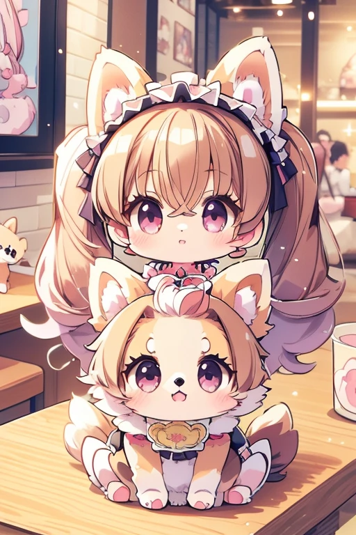 Highest quality,masterpiece,dogcafe,Girl clerk,Maid clothes,(Pomeranian,Multiple small dogs 1.3),Anime Style,cute,Twin tail hair,