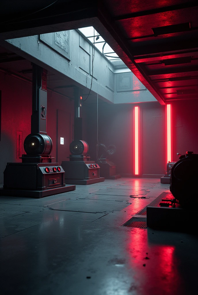 Futuristic photo studio with dark empty red LED details
