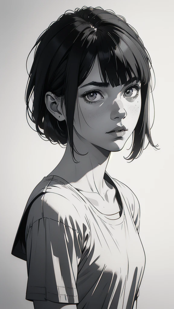 1 boyish girl, solo, sharp eyes, monochrome, greyscale, shoulder length black hair, portrait, blank white T-shirt, Thin eyebrows, closed mouth, looking at viewer, graphite \(medium\), detailed lips, hatching \(texture\), without makeup, bangs, upper body, (best illustration), (best quality), (very detailed), (masterpiece), expressionless,
