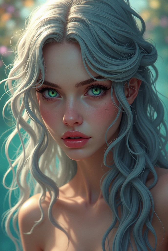 detailed lips, long wavy hair, serpents for hair,  expression, pale complexion, mesmerizing gaze, vibrant colors, soft lighting, (hyperrealistic), (illustration), (high resolution), (8K), (extremely detailed), (best illustration), (beautiful detailed eyes), (best quality), (ultra-detailed), (masterpiece), (wallpaper), (photorealistic), (natural light), (detailed realistic beautiful face), (high detailed realistic skin texture), (anatomically correct), (solo), (1 girl), (high detailed realistic hair), (ashgrey hair:1.35), (heterochromic eyes), (detailed eyes), (beautiful blue eyes:1.37), (sparkling eyes), (realistic big br (slender abs), (dynamic pose), (closed tiny mouth:1.3), (concentrated expression), (upon body from head to thigh:1.55), (looking at viewer),