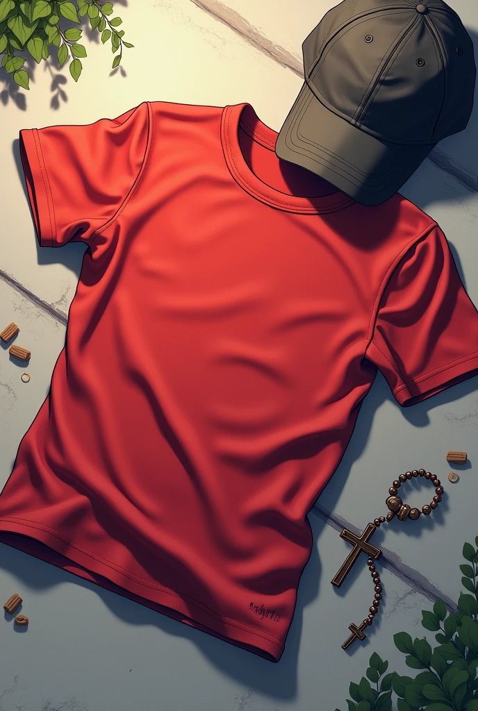 Wrinkled red t-shirt lying on the ground and next to it a baseball cap and a rosary 2d anime style very expressive and visually beautiful image anime style