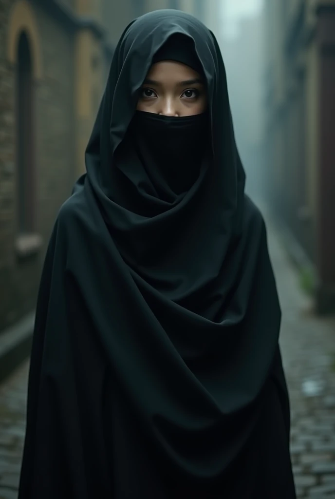 girl in niqab with black eyes and wearing an abaya