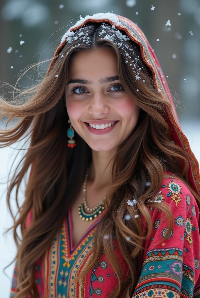 Waving hands through hair,Showing snowfall in black ground,Prompt, realistic influencer Pakistani lovely cute young attractive teenage girl,wedding dresses,, Put your hands on your face,big smile,waving hands through hair,1, fair face ,mole on cheek, little mouth,cute, beautiful , blue eyes, colorful dupatta on the Head,snowing,dimpal , necklace, earrine,,an Instagram model,long  brown_hair, colorful hair, winter, stylish attitude, dancing styles,