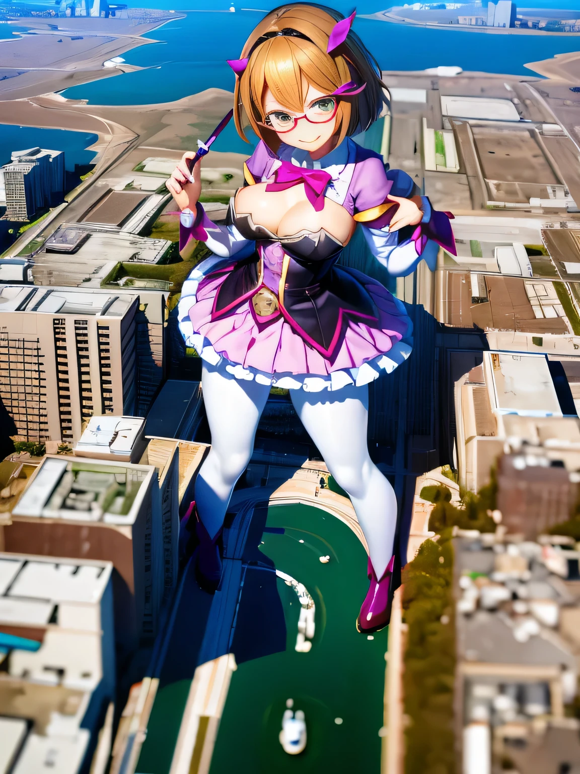 multiple girls, 3girls, standing, giantess art, highly detailed giantess shots, giantess, most detailed, perfect face, Two legs, Five fingers, short hair, A beautiful girl who is bigger than a skyscraper, Wearing rimless glasses, smile, huge breasts, magical girl dress, bow, magical girl, holding a magical wand, black pantyhose, stiletto heels, thunderbolt from a magical wand, seaside metropolis, numerous miniature warships on the sea, Destroying cities, Under heavy attack, A very small big city, Miniature metropolis, Full body description, GTS, giga giantess, gigagts, stomping city, crash city, tiny city, micro city, pantyhose feet, High resolution, highest quality, masterpiece,
