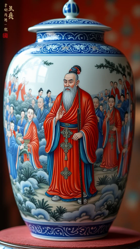 Jingdezhen ceramics,Vibrant and gorgeous ceramic water tank,Detailed image of Elder Jinchi wearing a cassock,There are many Buddhist robes in the background,Reference Black Myth wukong,Blue and white porcelain,Blue with white and red accents,Complex design,Intricate details,Elegant background,Design process